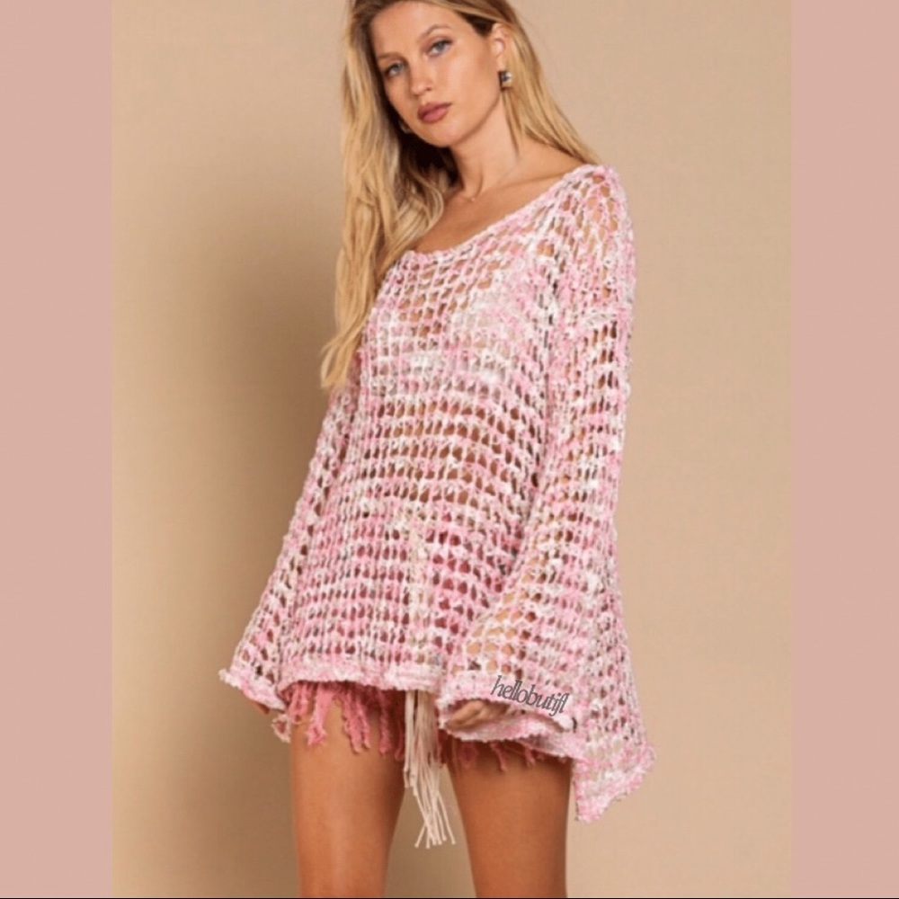 POL Pink Cream Fishnet Sweater Loose Knit Fishnet Tunic Sweater - Picture 3 of 14